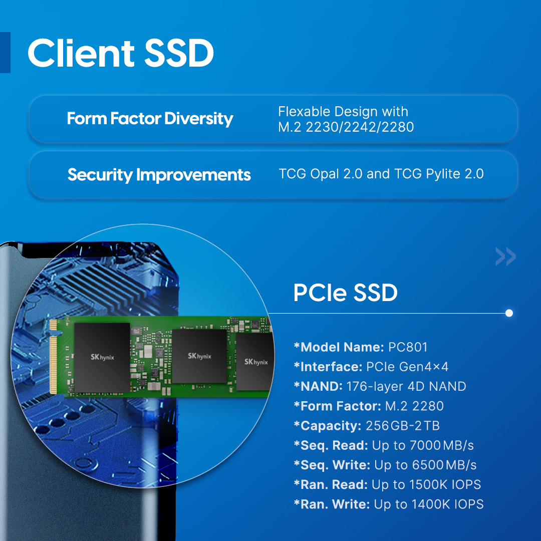 SKhynix's tweet photo. The #SSD line-ups are also ready!

As #PC OEMs begin to use the new DDR5, LPDDR5X, and SSDs in their marketing, it is expected that consumers will seek high-performance PCs, replacing their existing devices with new ones.

Check out @SKhynix's PC Memory Solutions!

#BC901 #PC801 https://t.co/N1OIUd6GSy