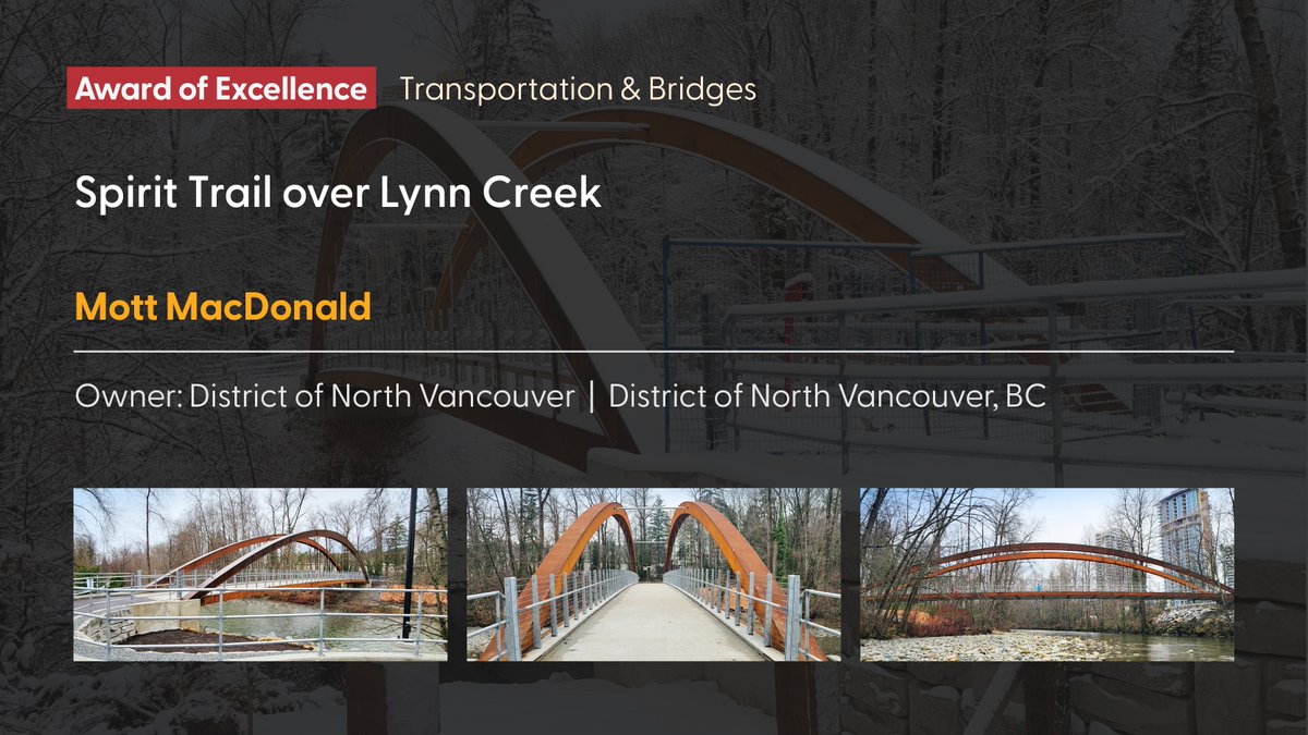 Congratulations to @MottMacDonald Canada for being awarded the 🏆 Award of Excellence in the 🚝 TRANSPORTATION AND BRIDGES category of the #acecbcAwards for Engineering Excellence! Spirit Trail over Lynn Creek acecbcawards.com/2023-awards/20… #acecbcCommunity #acecbc