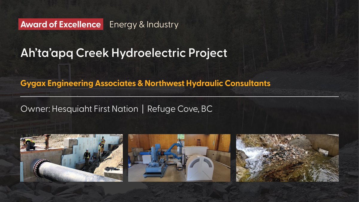 Congratulations to @NHCWEB and Gygax Engineering for being awarded the 🏆 Award of Excellence in the ⚡ ENERGY & INDUSTRY category of the #acecbcAwards for Engineering Excellence! Ah'ta'apq Creek Hydroelectric Project acecbcawards.com/2023-awards/20… #acecbcCommunity #acecbc