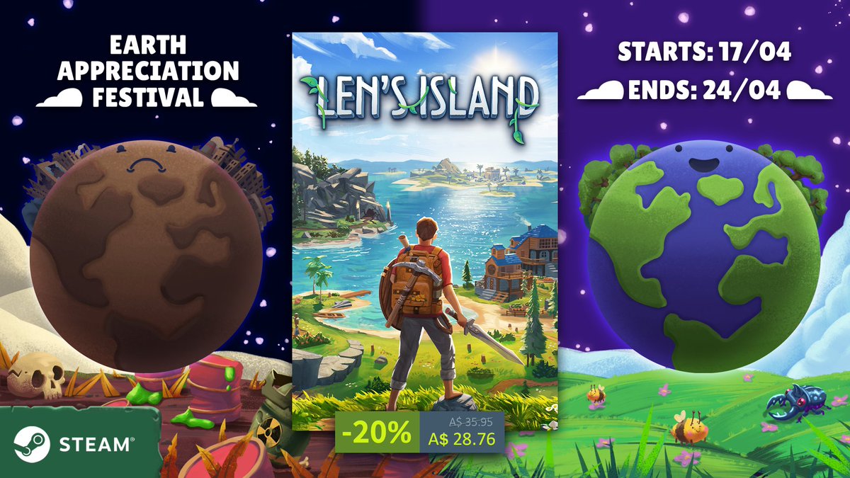 LensIsland's tweet image. Len's Island is now 20% off during the Earth Appreciation Festival, ending April 24th! 🌎

Grab yourself a copy and check out the featured titles on Steam now for a limited time only.  

#steam #steamsale #buildinggame #indiegame