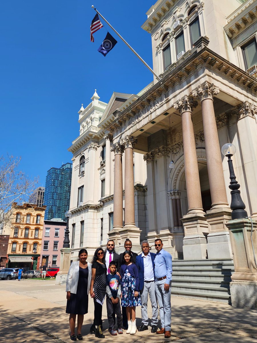 Profdilipmandal's tweet photo. While most Indians were fast asleep, Jersey City in the US made history on Ambedkar Jayanti. A blue flag with the Ashoka Chakra and the American flag was raised at the City Council Hall, in the presence of council officials and a representative from the Indian consulate. #Jaibhim https://t.co/r4clPLBSB0