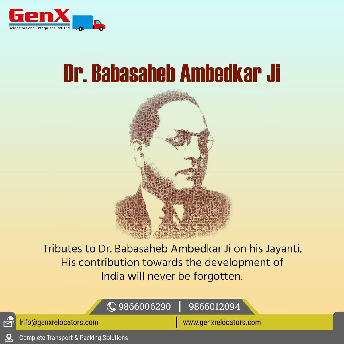 GenxRelocators's tweet photo. Dr. Ambedkar will always inspire us to have a life that is dedicated to making the lives of others a better one.
#genxrelocators #AmbedkarJayanti2023 #bhimjayanti2023 https://t.co/RqgEJDSr2P