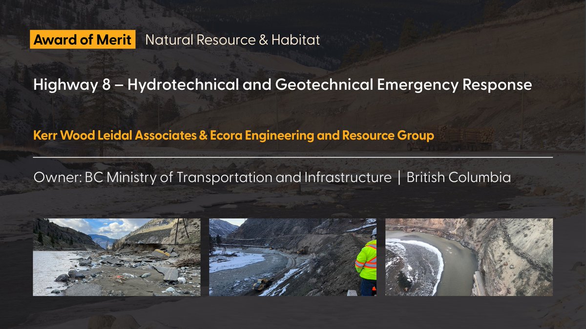 Congratulations to @KWL_Engineering and Ecora Engineering for being awarded the 🎉 Award of Merit in the 🌲 NATURAL RESOURCE AND HABITAT category of the #acecbcAwards for Engineering Excellence! Highway 8–Hydrotechnical and Geotechnical Emergency Response acecbcawards.com/2023-awards/20…
