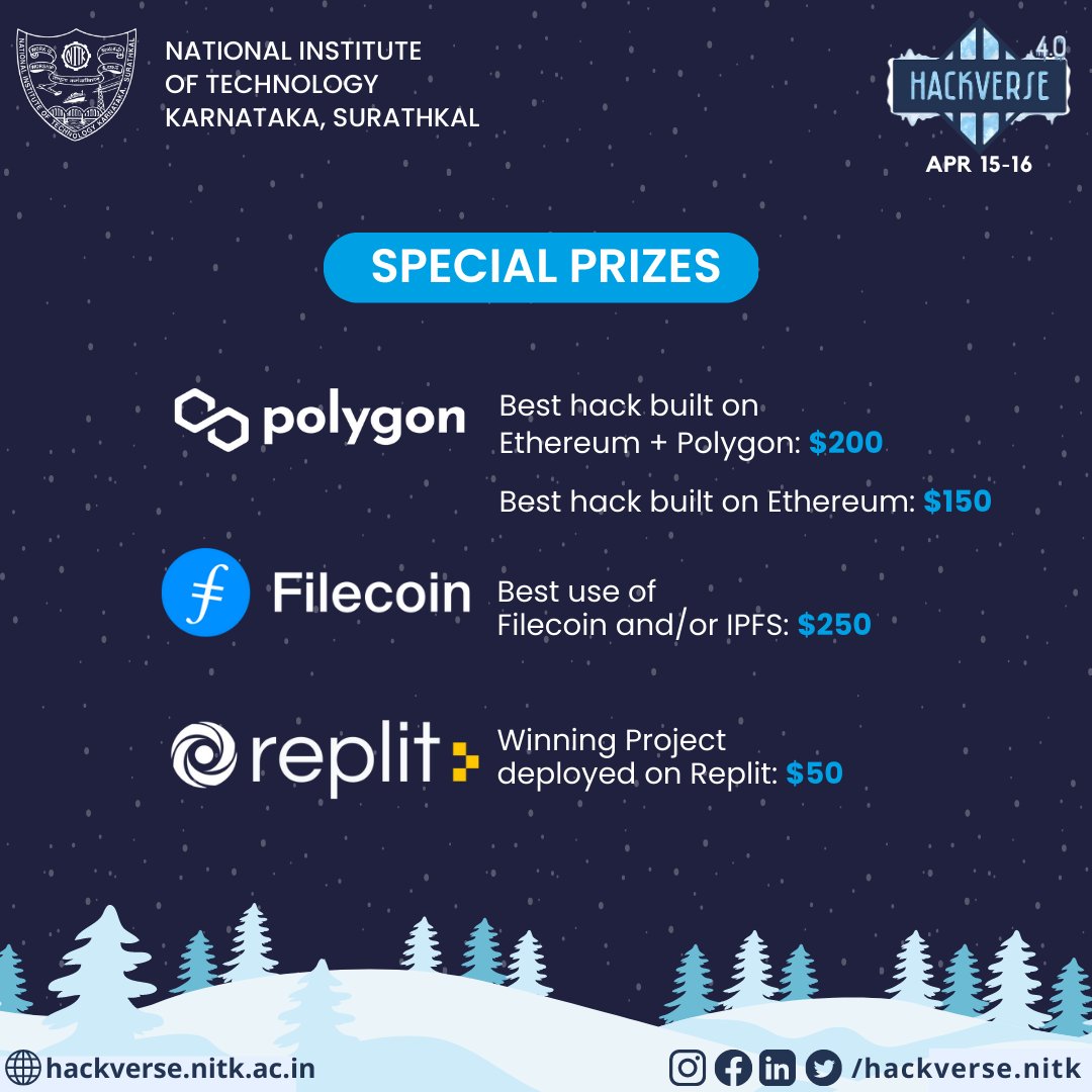 hackversenitk's tweet image. ❄️Hackathon Alert ❄️
We&apos;re excited to announce the release of our Special Prizes for HackVerse 4.0!

Don&apos;t miss out on the chance to win big by bringing your coolest ideas to life.

Check out all the Special Prizes in detail here: hackverse.nitk.ac.in