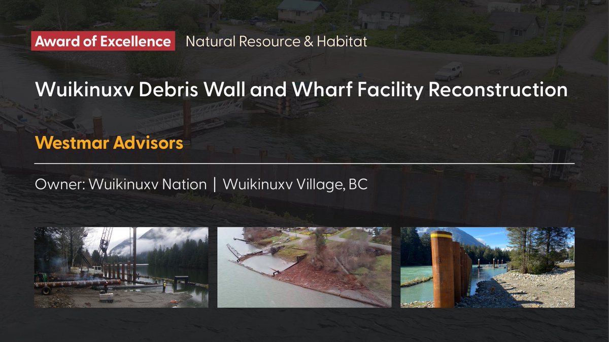 Congratulations to Westmar Advisors for being awarded the 🏆 Award of Excellence in the 🌲 NATURAL RESOURCE AND HABITAT category of the #acecbcAwards for Engineering Excellence! Wuikinuxv Debris Wall and Wharf Facility Reconstruction acecbcawards.com/2023-awards/20… #acecbcCommunity