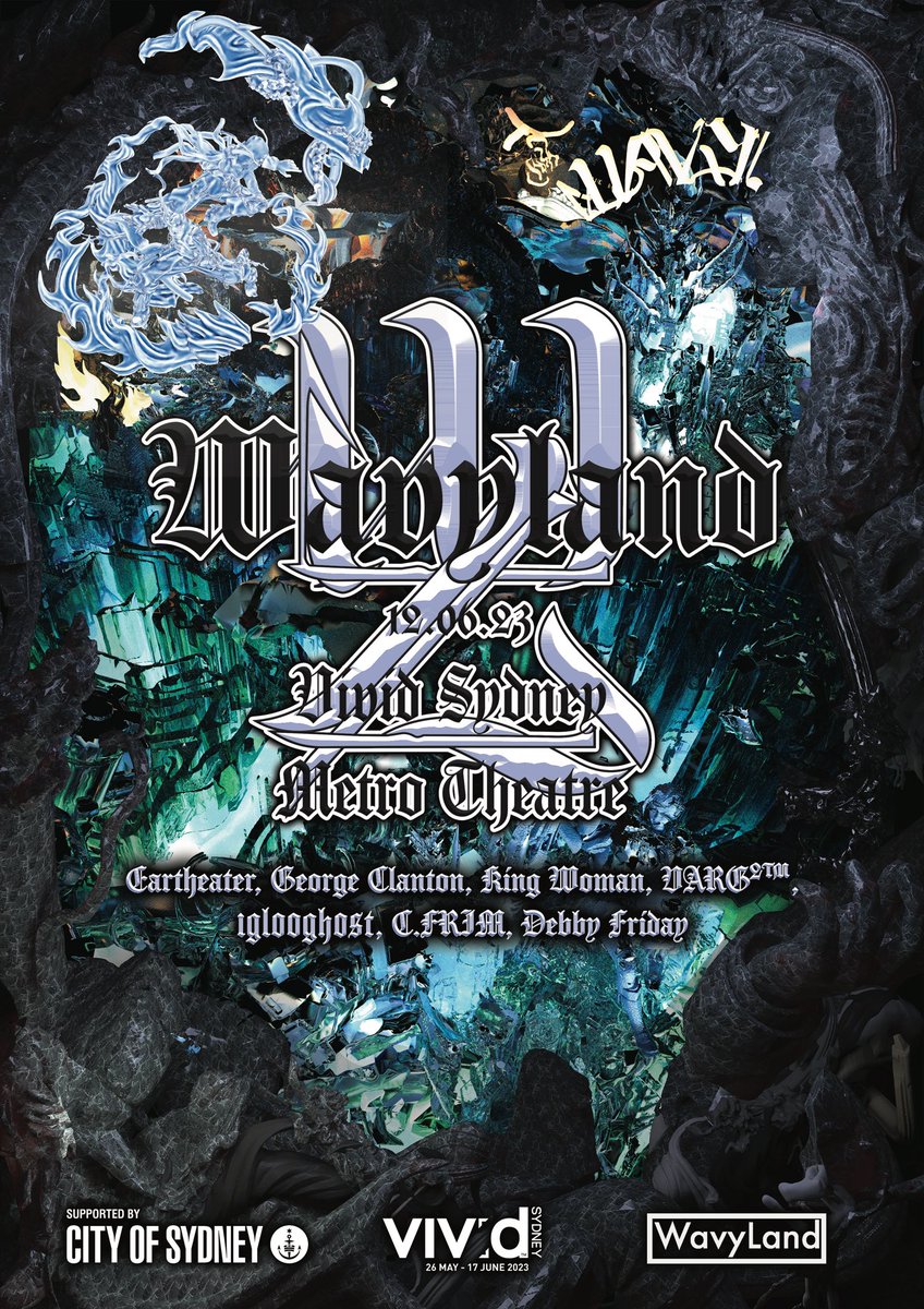 Wow Very proud to presents the  full line up for WavyLand 5th yeah anniversary event this  insane line up Eartheater, George Clanton, king Woman,  VARG²™ , IGLOOGHOST, C.FRIM and Debby Friday