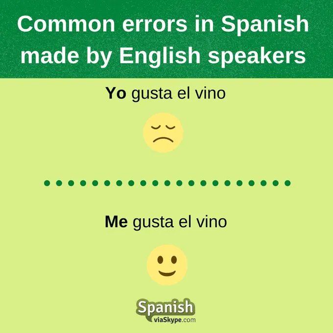 spanish_skype's tweet image. How do we use the verb &quot;gustar&quot; in #Spanish?

We give you a hand 👉 buff.ly/3JMeKQ1

#Spanishforbeginners #onlinespanishclasses #studyspanish #spanishclassesonline #spanishstudents #learnspanish #spanishcommonmistakes #Spanishverbs #Spanishgrammar
