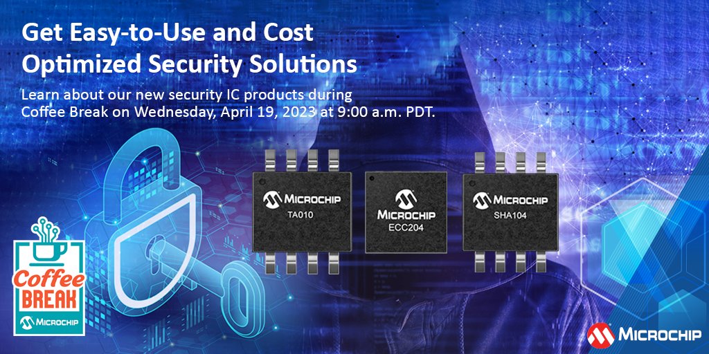 MicrochipTech's tweet image. Embedded security is a high priority and architects need vetted, easy-to-use and cost-optimized security solutions. Learn about our newest security IC offerings during Coffee Break on Wednesday, April 19, 2023 at 9:00 a.m. PDT: mchp.us/3KBUml9. #embeddedsecurity #security