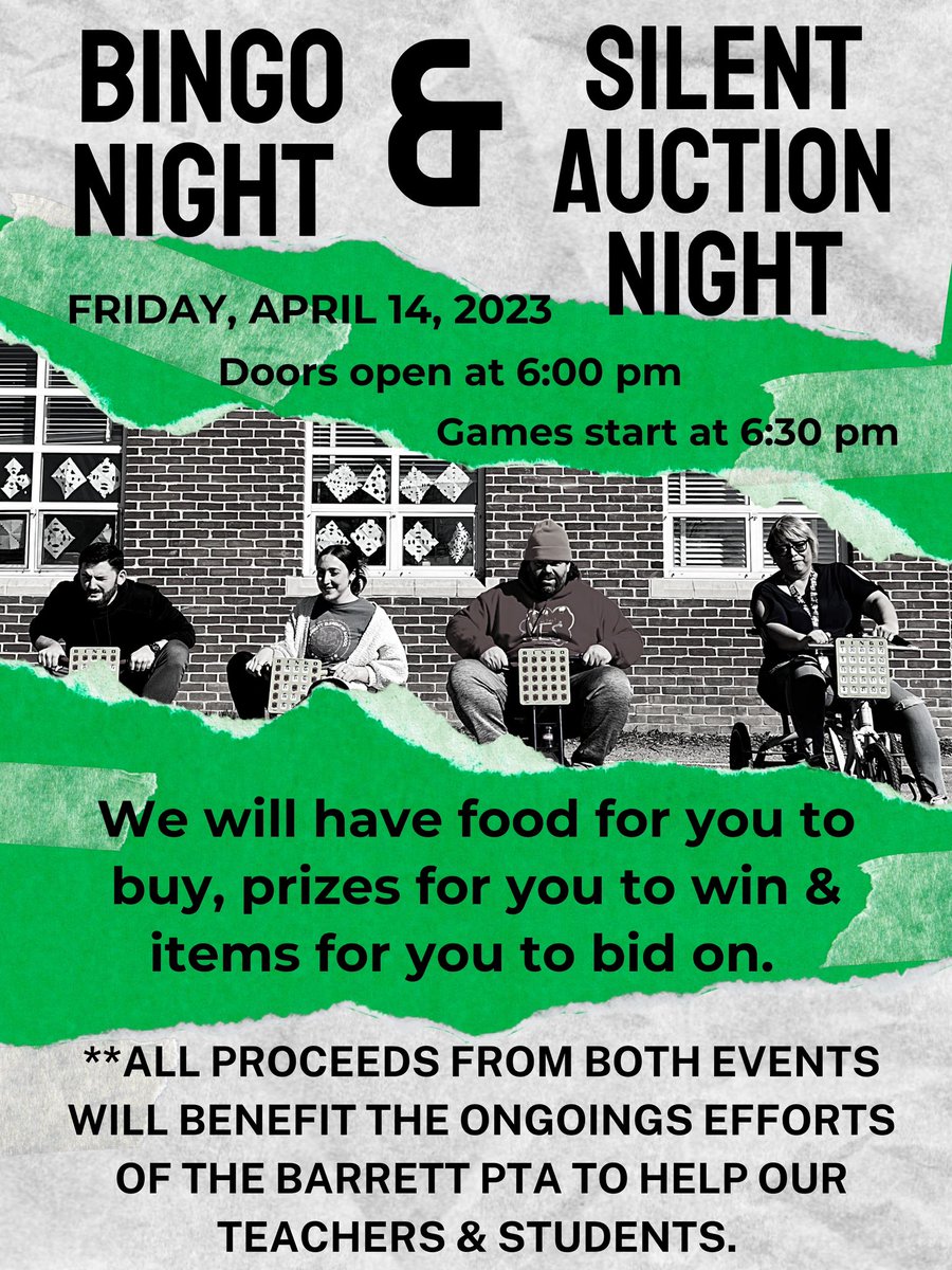 Hello <a href="/BarrettAPS/">KWBarrett Elementary</a> community. Our annual #BingoNight &amp; #SilentAuction events will be happening today, Friday, April 14th starting at 6pm. This is an event U do not want to miss, especially if U like seeing Ss beam w/ joy from knowing they are about to take home a prize. #KWBPride