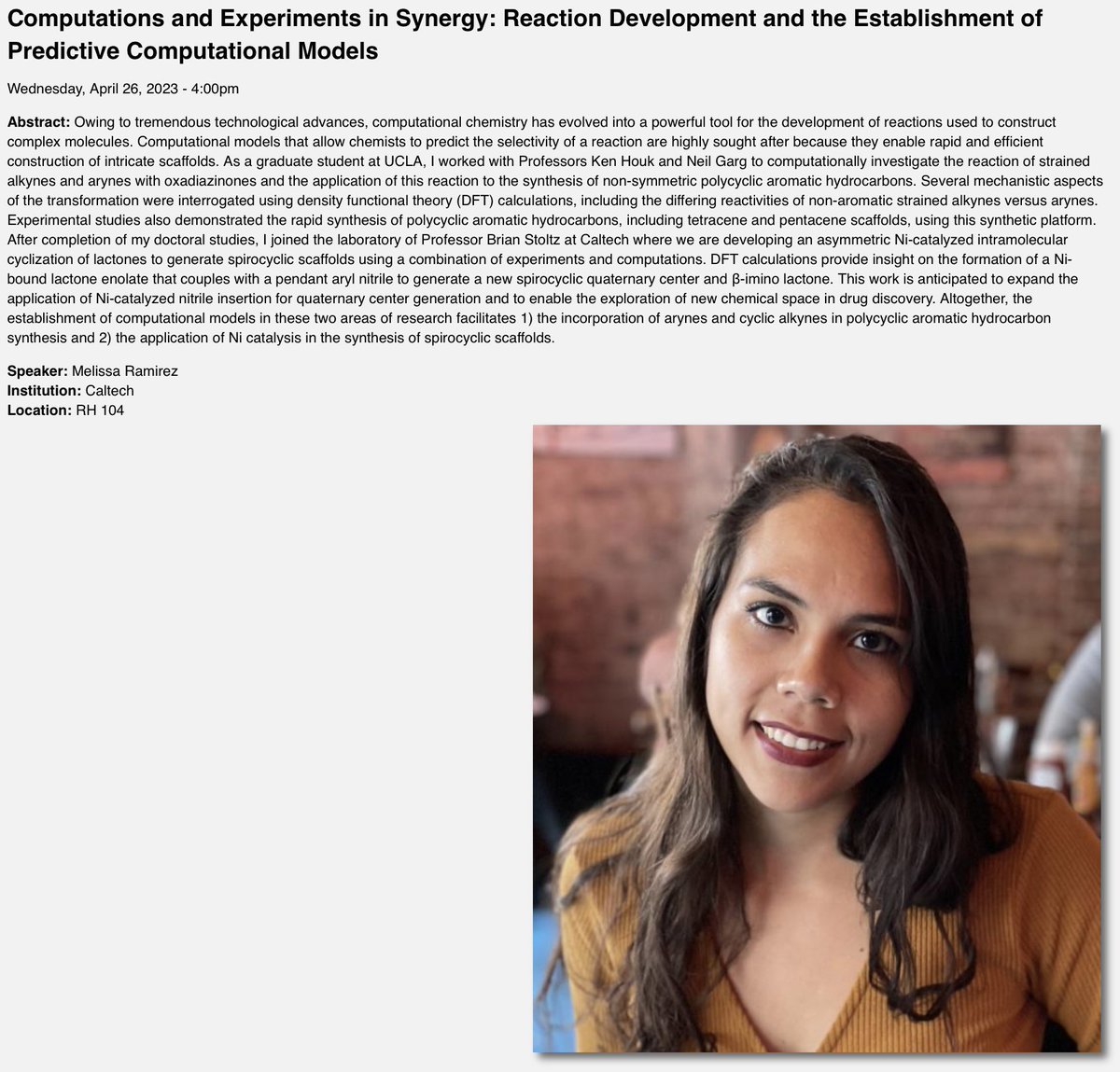 On 4/26, I will be visiting <a href="/UCIChemistry/">UCI Chemistry</a> <a href="/UCIrvine/">UC Irvine</a> as a UCI Future Leaders Seminar Speaker! 👩‍🔬 I am incredibly excited to share my research &amp; journey into science and to meet w/ faculty &amp; students. Please attend if you are able to!