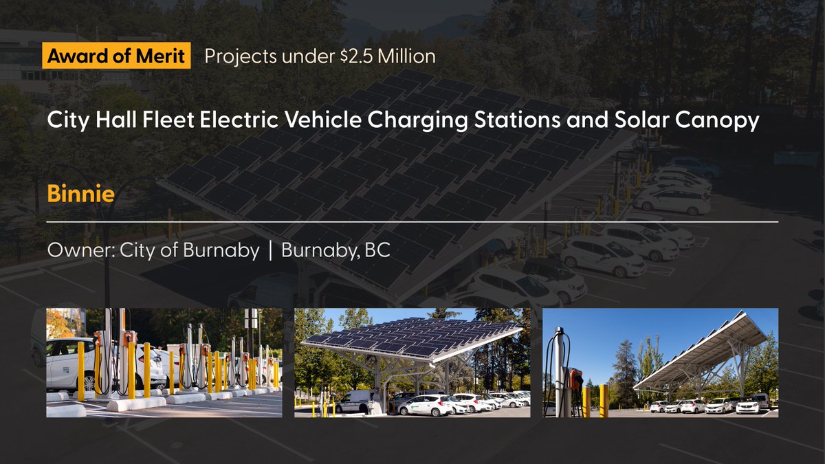 Congratulations to @BuildwithBinnie for being awarded an 🎉 Award of Merit in the 💡 PROJECTS UNDER $2.5 MILLION category of the #acecbcAwards for Engineering Excellence! City Hall Fleet Electric Vehicle Charging Stations and Solar Canopy Project acecbcawards.com/2023-awards/20…