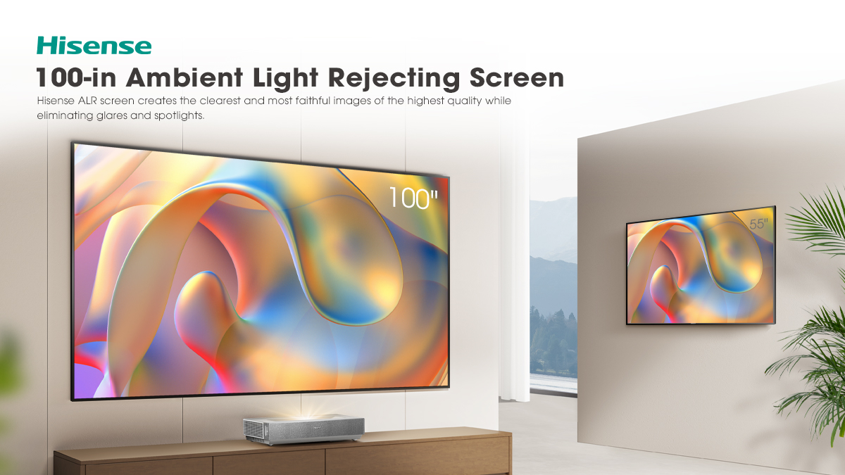 HisenseIntl's tweet photo. Go big AND go home. The #HisenseL5H laser projection TV with  flexible ambient light rejecting screen sets the new standard for home theatre. 🥰 No more glare or spotlights.  #Hisense #TVTech https://t.co/7HC0NpBd8j
