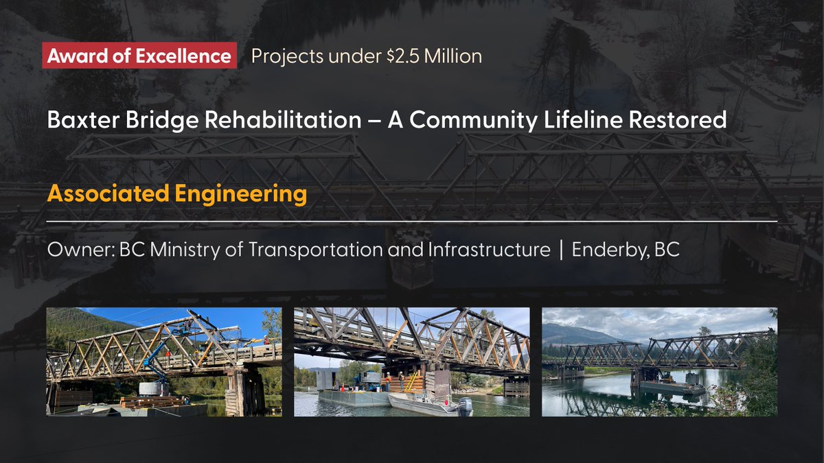 Congratulations to @associatedeng for being awarded the 🏆 Award of Excellence in the 💡 PROJECTS UNDER $2.5 MILLION category of the #acecbcAwards for Engineering Excellence! Baxter Bridge Rehabilitation – A Community’s Lifeline Restored acecbcawards.com/2023-awards/20… #acecbcCommunity
