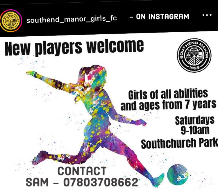 🟨⬛️MANOR GIRLS TEAMS⬛️🟨

We have open training sessions for girls aged 7 and upwards.

Every Saturday morning at 9am.

☎️ Contact Sam on 07803708662

📅 Every Saturday
⏰ 09:00 to 10:00
🏟️ Southchurch Park, Southend, SS1 2XB
⚽️ Girls 7+, all abilities welcome

#squadbooster