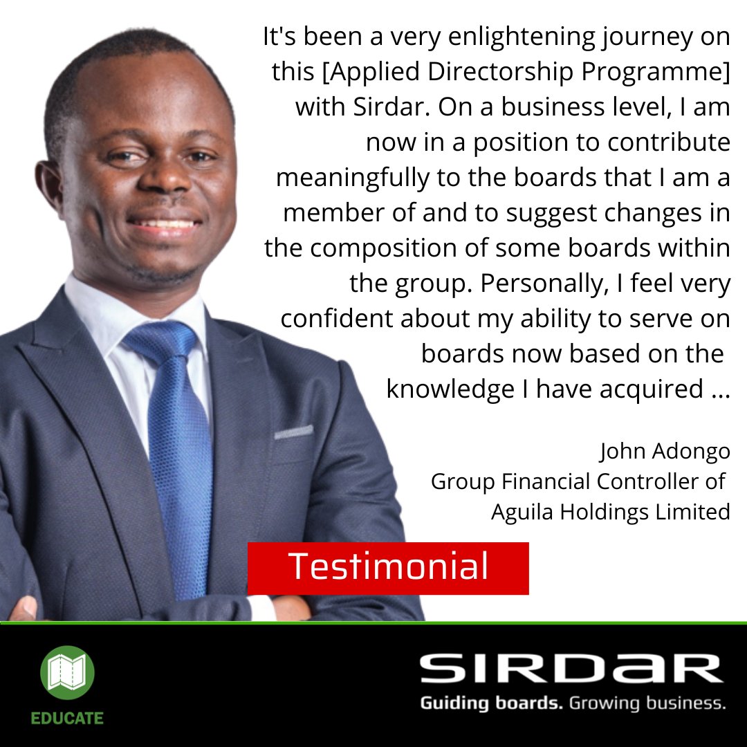 John Adongo (Group Financial Controller of Aguila Holdings) is one of the 550+ individuals who have walked the 11-month Applied Directorship Programme journey with Sirdar.

What’s stopping you from joining the likes of John?

lnkd.in/dnKMCBT

#Sirdar #DirectorEducation