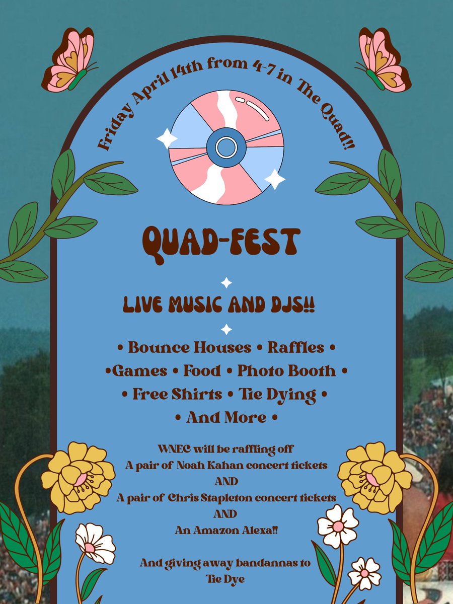 wnec_fm's tweet photo. 🚨 TODAYS THE DAY 🚨Today from 4-7 in the quad is QuadFest!! Live music, games, food, free shirts, tie dying, raffles, AND MORE!! Stop by for a chance to win concert tickets or an Amazon Alexa!!! 🎶🕺🌷 https://t.co/2V4gsXqPF4