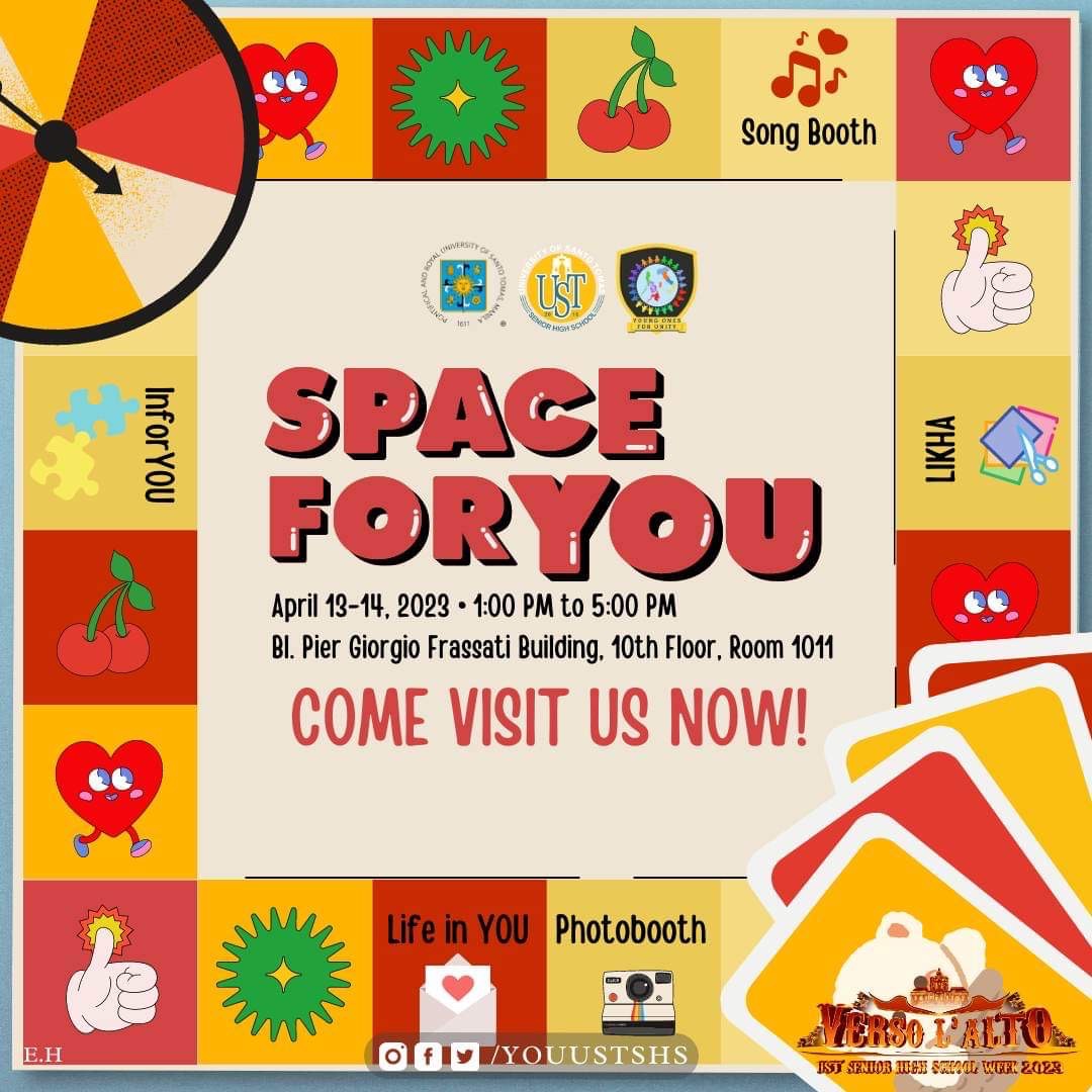 YOU_USTSHS's tweet photo. What's some time to have a fun and relaxing day this Senior High School Week? 🤩💖

Seize the moment with your friends as you create artworks, engage in interactive games and activities, and capture some photos all found in one SPACE FOR YOU! https://t.co/OEJQQca0Vc