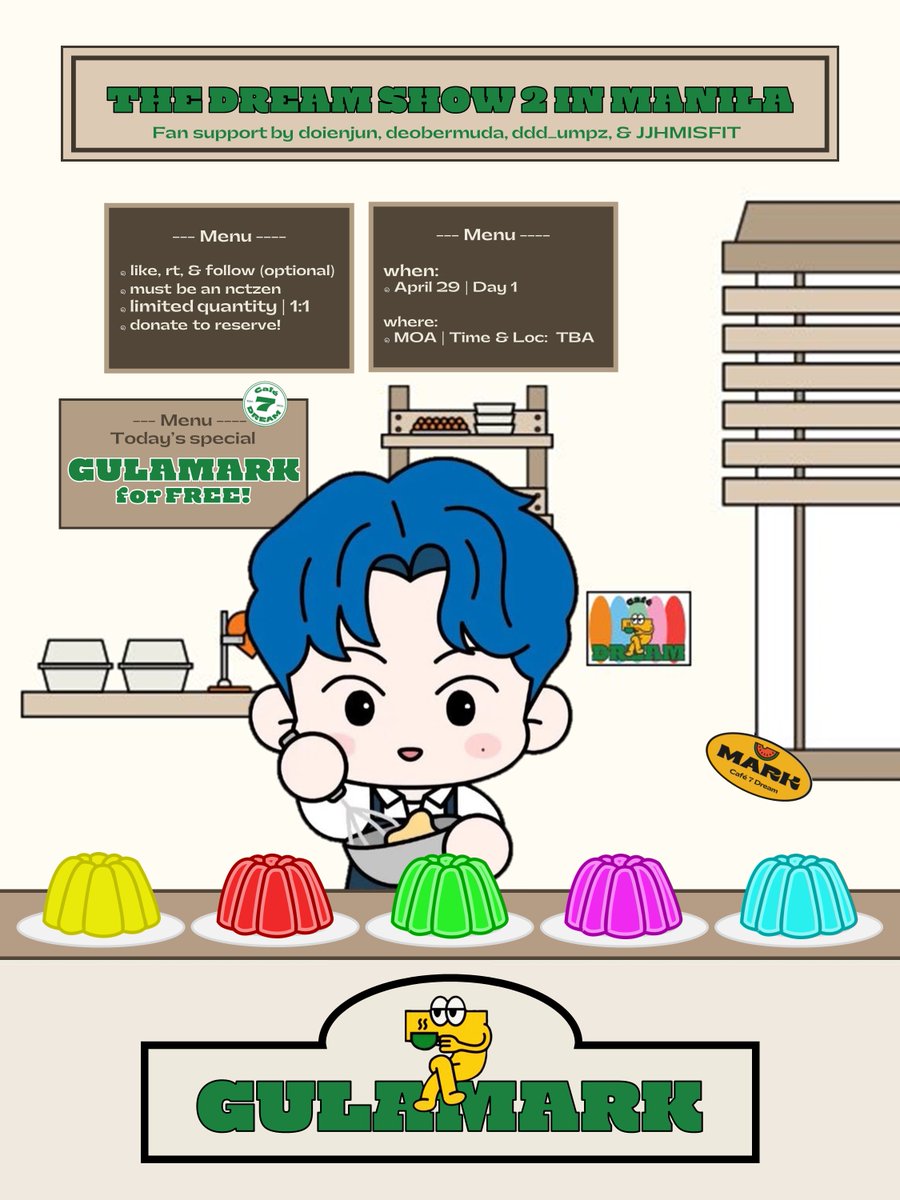 doienjun_'s tweet photo. ˚         -ˋˏ ༻ GOLLA MA DISH !! ༺ ˎˊ-

  Another Café 7 DREAM snack for you! 🍮💚

˚ ༘ see the mechanics on how to claim
˚ ༘ like &amp; rt/qrt if:
           💚 Team GULAMARK or
           💛 Team JAEMLETIN
˚ ༘ show proofs upon claiming

 #THEDREAMSHOW2_in_MANILA #TDS2inMANILA https://t.co/HFihvNI5eF