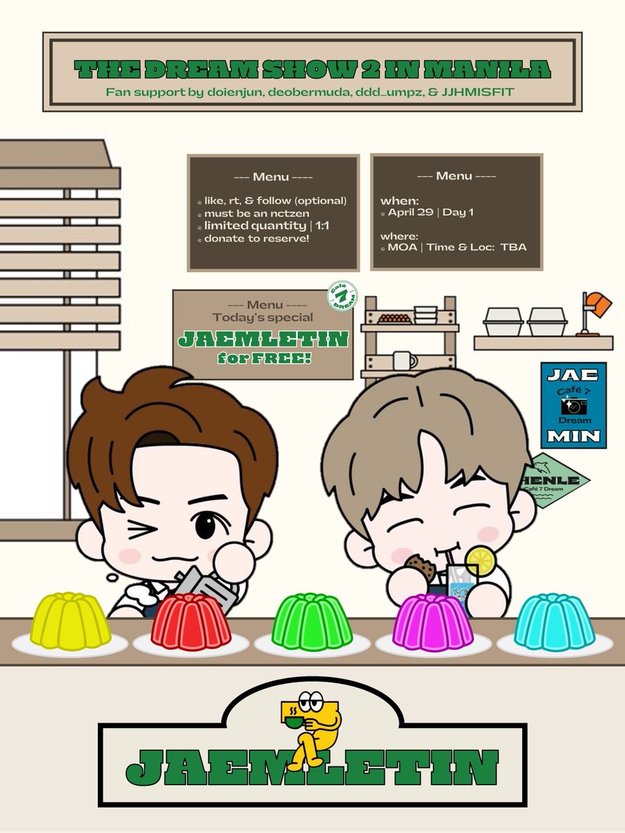 doienjun_'s tweet photo. ˚         -ˋˏ ༻ GOLLA MA DISH !! ༺ ˎˊ-

  Another Café 7 DREAM snack for you! 🍮💚

˚ ༘ see the mechanics on how to claim
˚ ༘ like &amp; rt/qrt if:
           💚 Team GULAMARK or
           💛 Team JAEMLETIN
˚ ༘ show proofs upon claiming

 #THEDREAMSHOW2_in_MANILA #TDS2inMANILA https://t.co/HFihvNI5eF