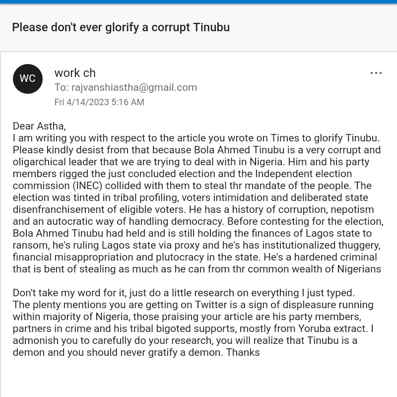 I sent Astha Rajvanshi a mail to prompt her to do some research as to why she is getting a backlash with respect to her article on Asiwaju Bola Ahmed Tinubu, the Nigerian Pablo Escobar. Isale Eko mercy Johnson Kaduna