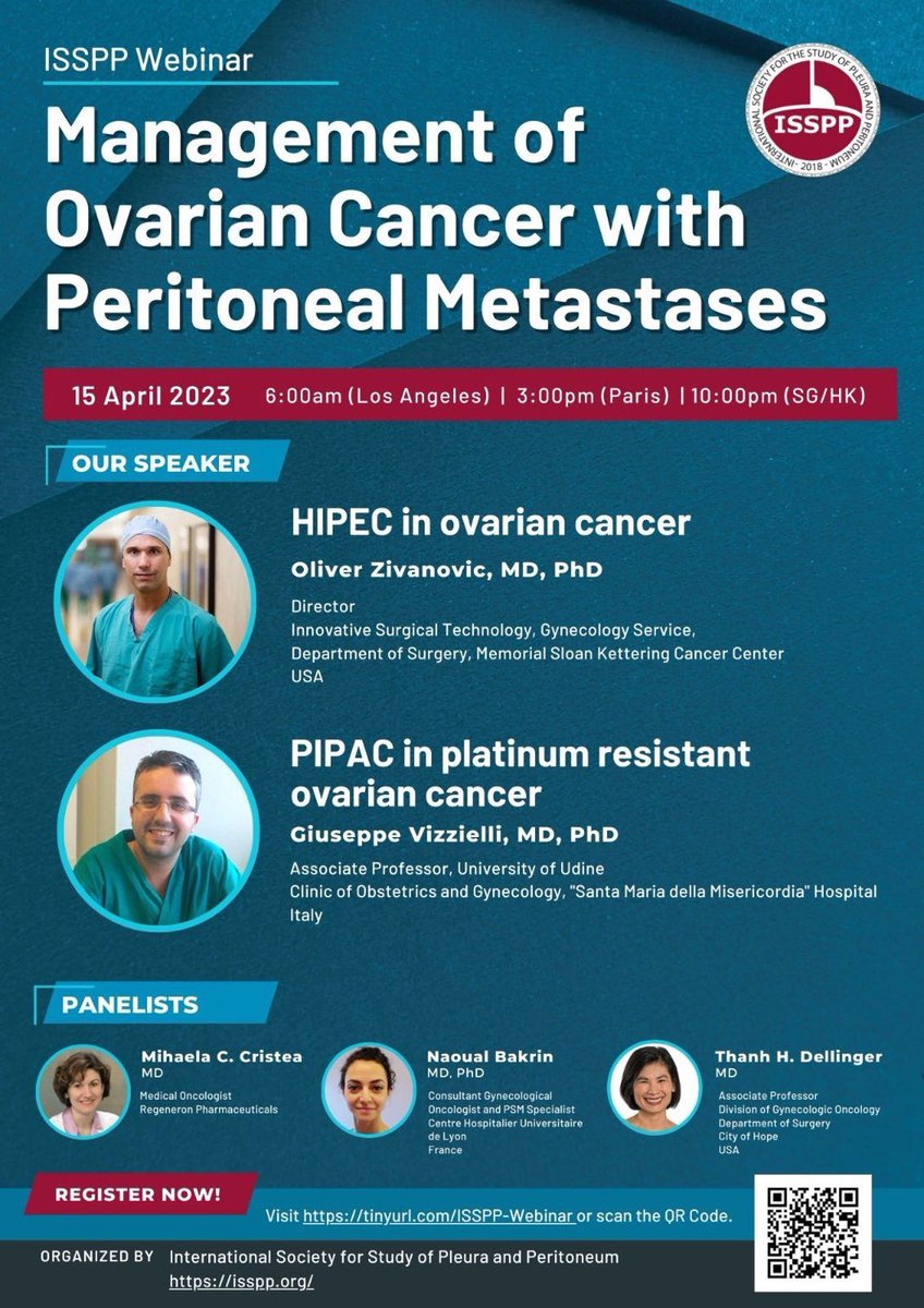 Should BRCA &amp; HRD be considered in patient selection for HIPEC? Why is HIPEC better after neoadjuvant chemo than without? Is PIPAC the answer to HIPEC in recurrent ovarian ca? Ask the experts this Saturday. Register: [tinyurl.com/ISSPP-Webinar]. <a href="/zivanovicmd/">Oliver Zivanovic</a> <a href="/bakrinna/">naoual bakrin</a> #MCristea