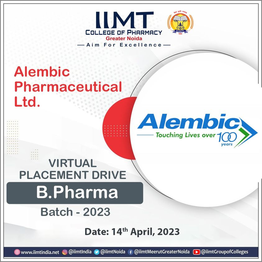 iimtnoida's tweet photo. IIMT College of Pharmacy, Greater Noida, Organizing Virtual Placement Drive for B. Pharma Batch 2023 students on 14th April 2023.
Company: 'Alembic Pharmaceutical Ltd. '
https://t.co/UOh7RIbr6l
Call Us: 9520886860
#virtualcampusplacementdrive #IIMTIndia
#CampusPlacement #IIMT https://t.co/DY4I9N1BUI