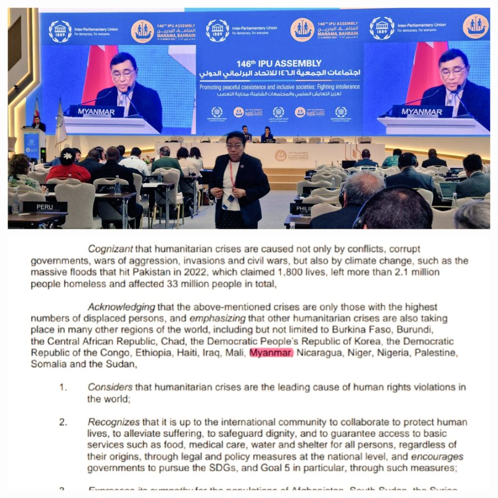 In #Myanmar, thousands of people have been displaced by ongoing military junta's brutal atrocities. 

🟥 We call for all parliamentary friends to urge your Gov to cooperate 🤝 with <a href="/NUGMyanmar/">National Unity Government Myanmar</a> and #EROs for urgent humanitarian aids 🚚 🚛, referring to Resolution by #IPU146.