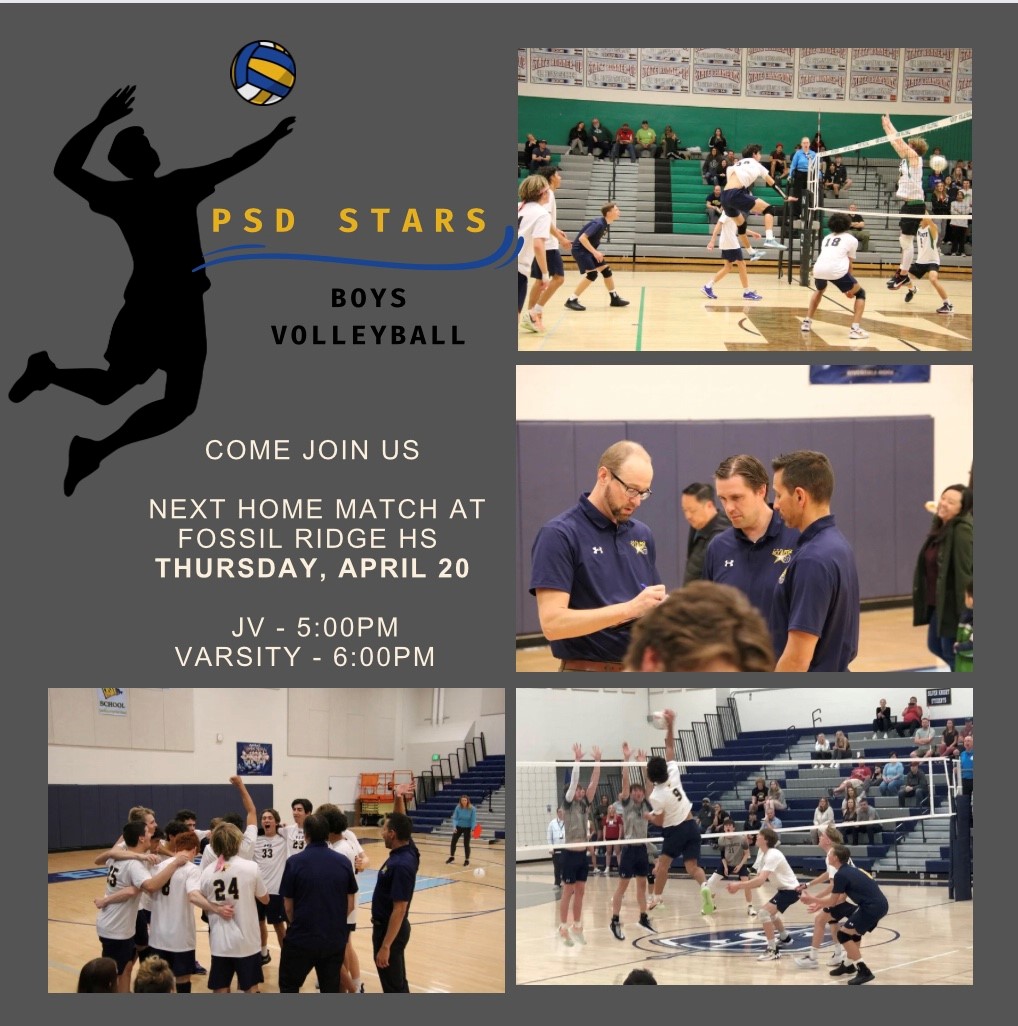 psdboysvb's tweet photo. PSD Stars Boys Volleyball
Next home match Thursday, April 20th at Fossil Ridge HS. Hope to see you there! #psdstrong #psdproud #psdconnected https://t.co/HhsOUiK1UN