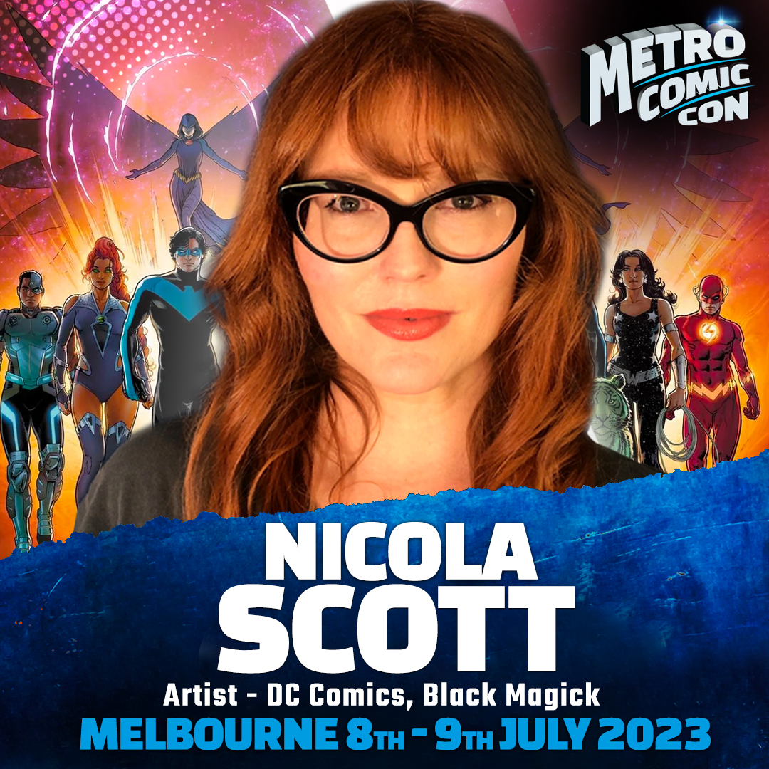 MetroComicCon's tweet photo. Coming to Metro is the queen of Aussie comics, @NicolaScottArt! Famed for DC titles including Birds of Prey, Secret Six, Teen Titans, the acclaimed Wonder Woman Historia, as well as her creator-owned title Black Magick &amp; more, Nicola is a true powerhouse artist!

#MetroComicCon https://t.co/kVeVkkY9OW