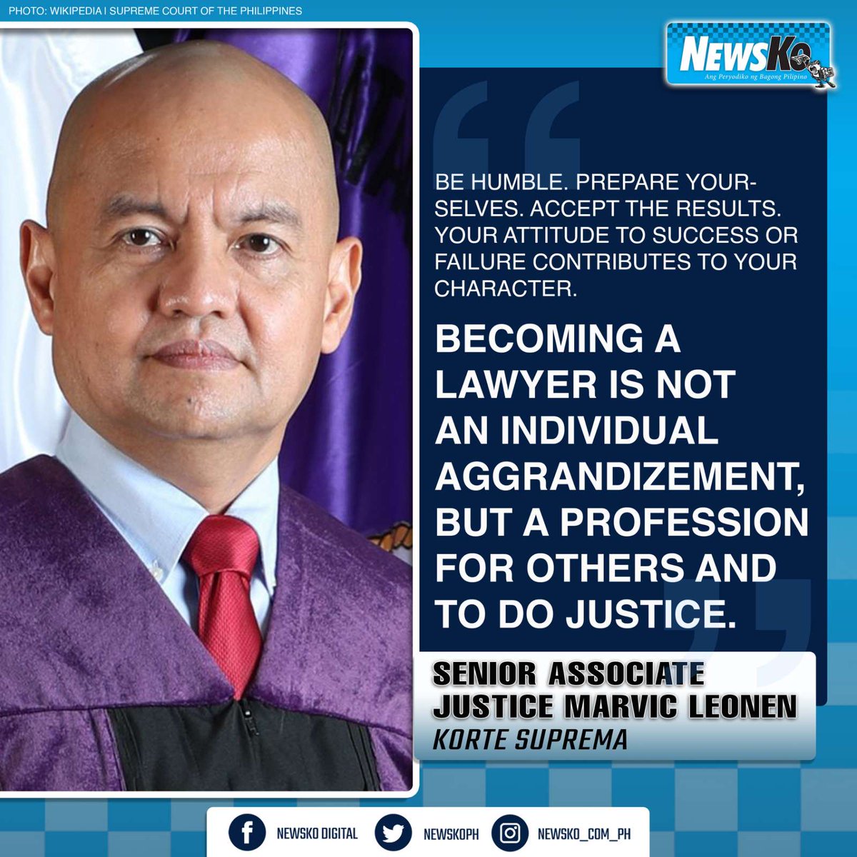 NewsKoPH's tweet image. A PROFESSION FOR OTHERS

May mensahe si Supreme Court Senior Associate Justice Marvic Leonen sa mga bar exam takers na inaasahan ang resulta ng nasabing pagsusulit ngayong araw. #GetThatBar2022

Bisitahin ang aming official website: newsko.com.ph

#NewsKo #Atty #BarExam
