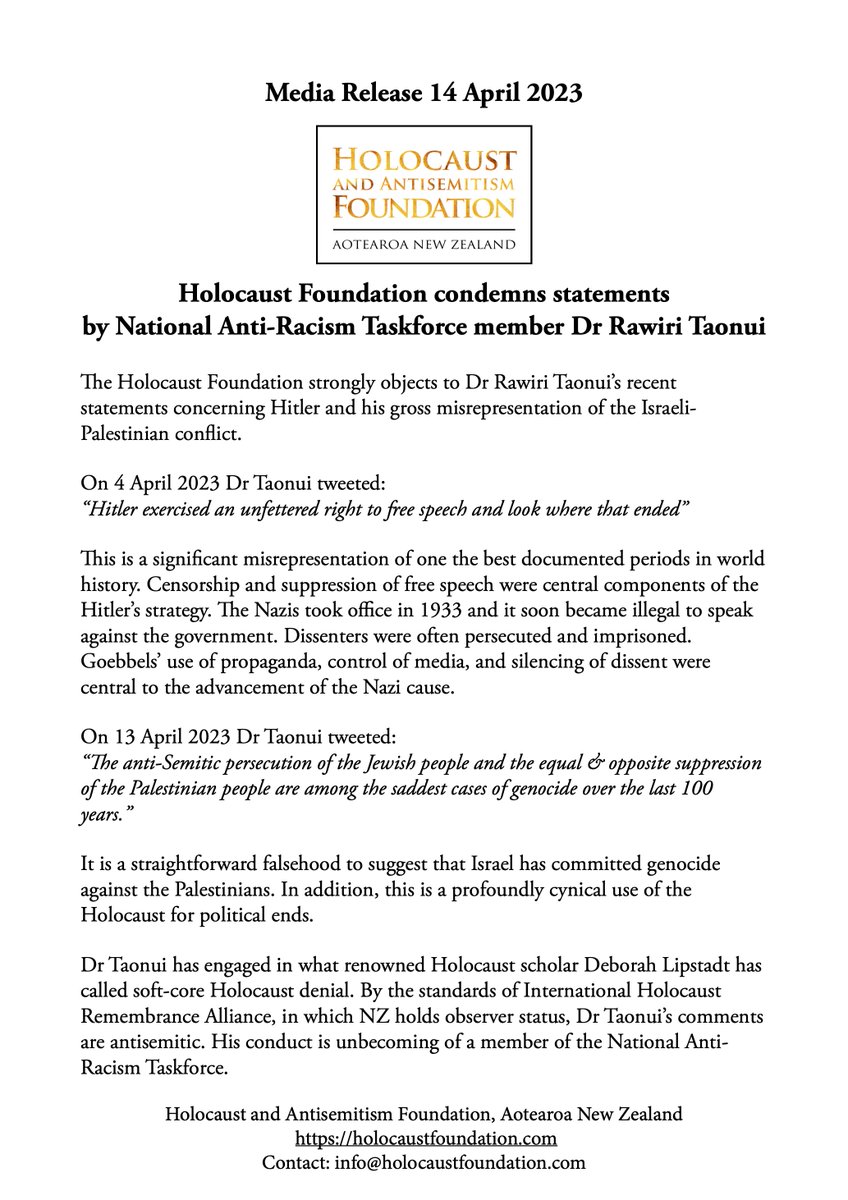 HolocaustFNZ's tweet photo. The Holocaust Foundation condemns statements by National Anti-Racism Taskforce member Dr Rawiri Taonui.
@NZHumanRights
@TheIHRA
@RawiriTaonui
@MFATNZ
#Antisemitism https://t.co/o2B6GYMZqg