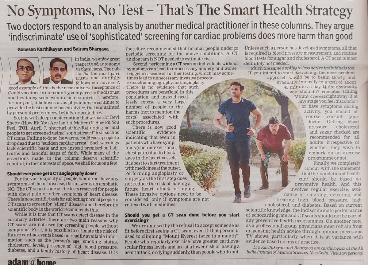 AIIMS cardiologists Dr. Ganesan Karthikeyan & Dr. Balram Bhargava have done a huge public health service by calling out Dr. Devi Shetty for urging even very fit ppl to undergo a CT Angio CT Angio is a diagnostic tool NOT a screening tool m.timesofindia.com/india/no-sympt…