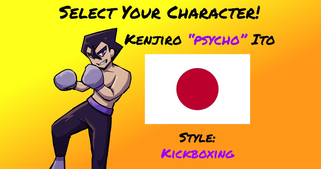 StrikeBack_Dev's tweet photo. SELECT YOUR CHARACTER! 
Name: Kenjiro "Psycho" Ito
Style: Kickboxing 
Origin: Osaka, Japan

A sadist in the ring, Kenjiro excels at slowly cutting away at his opponents. Slowly gaslighting his opponents into a counter-hit! Kenjiro is an insane fighting genius to not take lightly. https://t.co/soW9HUO5b1