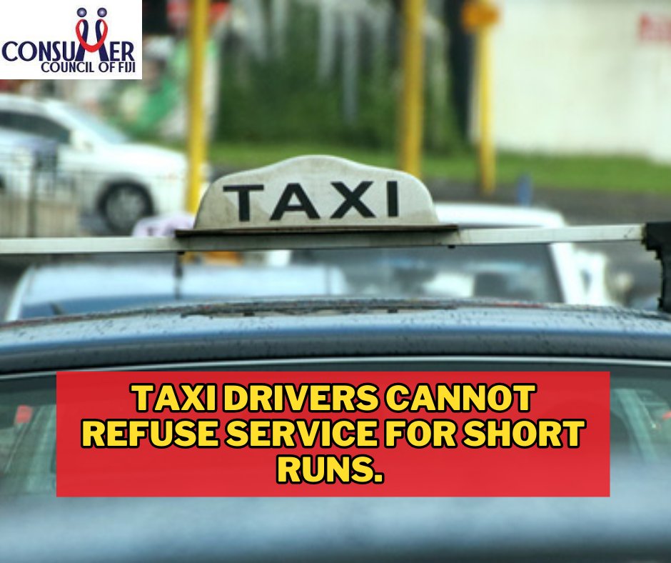 CCoFiji's tweet photo. Did you know?📷

Taxi drivers cannot refuse service for short runs. 📷📷

If a taxi driver has refused service due to the short distance you wish to travel, let us know by calling the toll-free number 155.
#Taxis #shortruns #consumerrights #informedconsumers https://t.co/m7K4CCeUH4