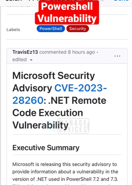 [🆕🩳] FIX PowerShell 7.2 7.3 Vulnerability with CVE 2023-28260 youtube.com/shorts/8MWqdtF…
🩳Advised to update PowerShell 7 ASAP
🩳.NET DLL Hijacking Remote Code Execution Vulnerability
🩳CVSS metric, the privileges required are low (PR:L
#PowerShell #Windows11 #MSIntune #ConfigMgr
