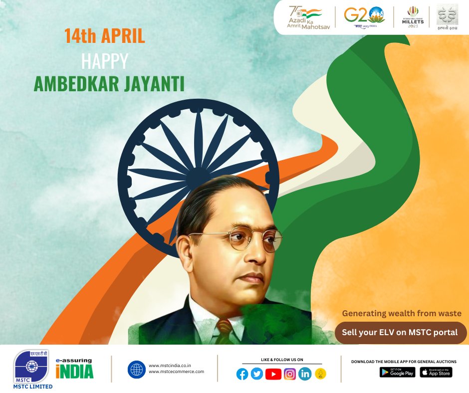 mstcindia's tweet image. On Ambedkar Jayanti our tributes to Dr. Bhimrao Ambedkar, the principal architect of #IndianConstitution.

@PibSteel @SteelMinIndia @JM_Scindia @Officejmscindia @fskulaste @FSKulasteOffice 

#अम्बेडकर_जयंती #DrBhimRaoAmbedkar #AmbedkarJayanti #DrBRAmbedkar #AmbedkarJayanti2023