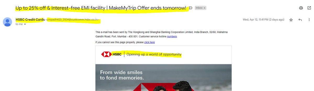 rohitgupta2476's tweet photo. How to spam customers with offers and we can't even block or unsubscribe ?? Well @HSBC_IN create sender email id with random numbers everytime one email is blocked . like today cmpadh423_3104@custcomm.hsbc.co.in  , in march it was cmpadh423_3073@custcomm.hsbc.co.in @HSBC_US @HSBC https://t.co/l7EcGmsx73