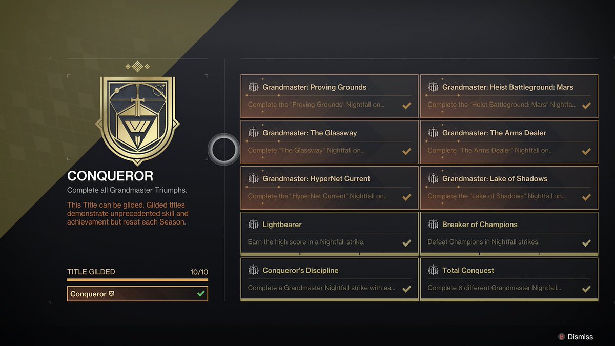 xcreex1's tweet image. Four and a half hours later ya boi is gilded for the 6th season in a row. Time for GM carries 👉🏼😎👉🏼

#gilded #conqueror #grandmasternightfall #destiny2 #bungie #twitch #affiliated #canadian #spanish #warlock #hunter #titan