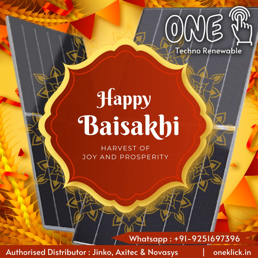 OneklickTechno's tweet photo. Happy Baisakhi! May this harvest festival bring joy, prosperity, and success to your life. Let's celebrate the new solar year with enthusiasm and positivity.
#Baisakhi #Vaisakhi #PunjabiNewYear #HarvestFestival  #SolarIndustry #SolarEnergy #RenewableEnergy #solarpanels #jinko https://t.co/ZWQTJKm0Ox