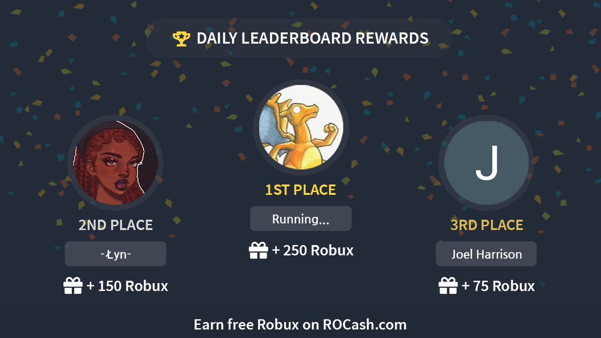 Congratulations to our Daily Leaderboard Winners! 🎉

🥇RunningCharizard (+250 Robux)     
🥈-Łyn- (+150 Robux) 
🥉Joel Harrison (+75 Robux)         

 Earn #Robux on rocash.com