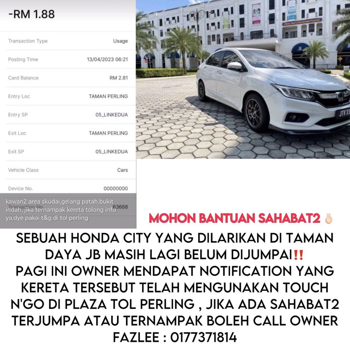 IzzatiRose's tweet photo. Mohon bantuan dari kalian jika ternampak kereta Honda city bewarna putih JTY boleh terus inform ke number 017-7371814 #Johor #melaka #kualalumpur #perlingjohor https://t.co/PJ2Q59LDTU