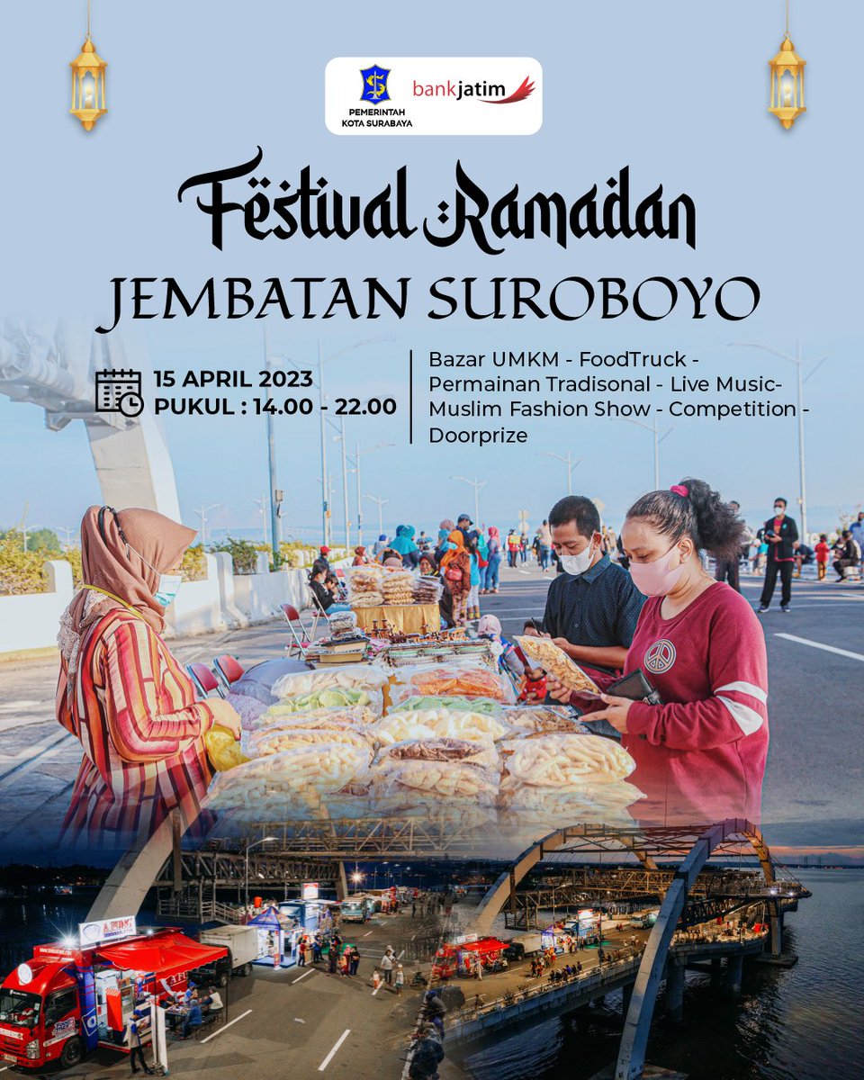 BESOK!! 

Jangan lewatkan Festival Ramadan Jembatan Suroboyo 😍

Sabtu, 15 April 2023. Pukul 14.00 - 22.00 WIB di Jembatan Suroboyo

Bazar UMKM ✅
Food truck ✅
Fashion show ✅
Live music ✅

Wahh seru kan?? Wes gak usah kesuwen rek. Ndang mrene Sabtu sesuk. Tak enteni yoo 🤗
