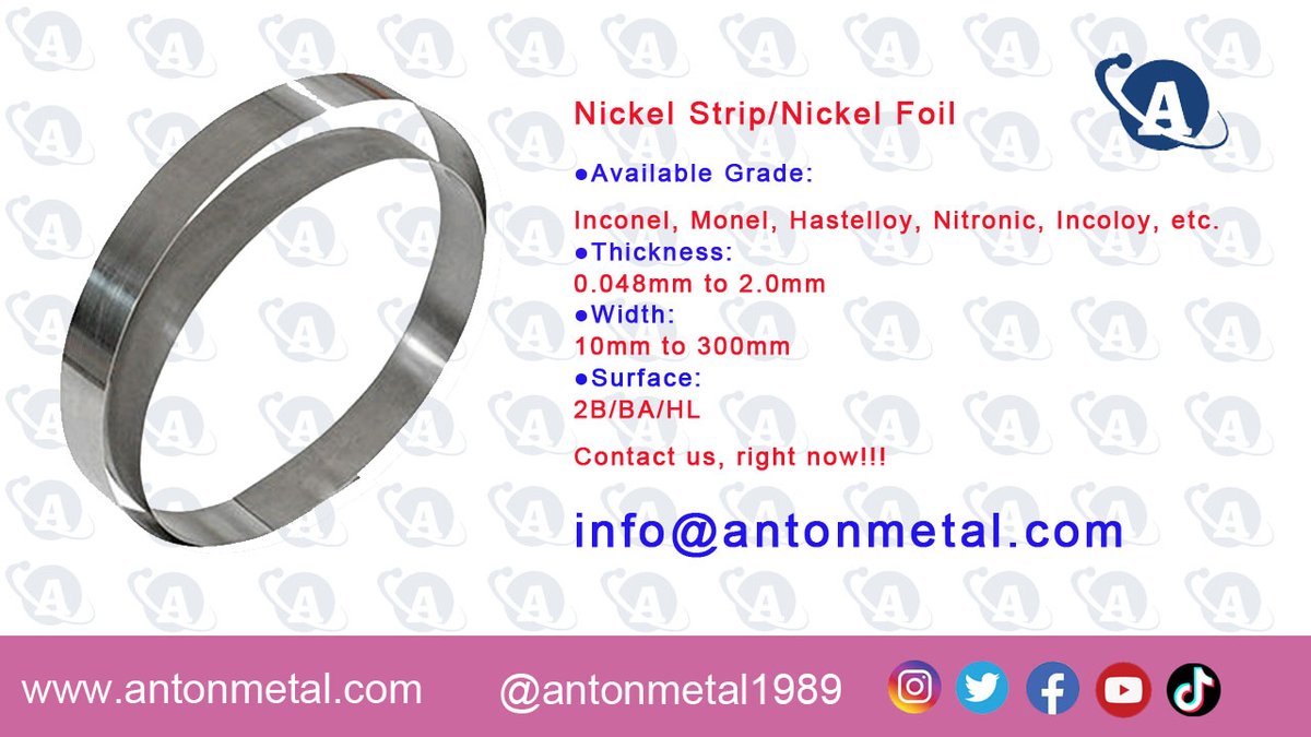 antonmetal2006's tweet photo. ANTON METAL can produce #nickelstrip & #nickelfoil. From thickness 0.048mm to 0.2mm, and a width from 10mm to 300mm. If you have the requirements, please contact us any time.
#strip
#foil
#tape
#nickel
#inconel
#monel
#hastelloy
#incoloy https://t.co/HrUVfAVB95