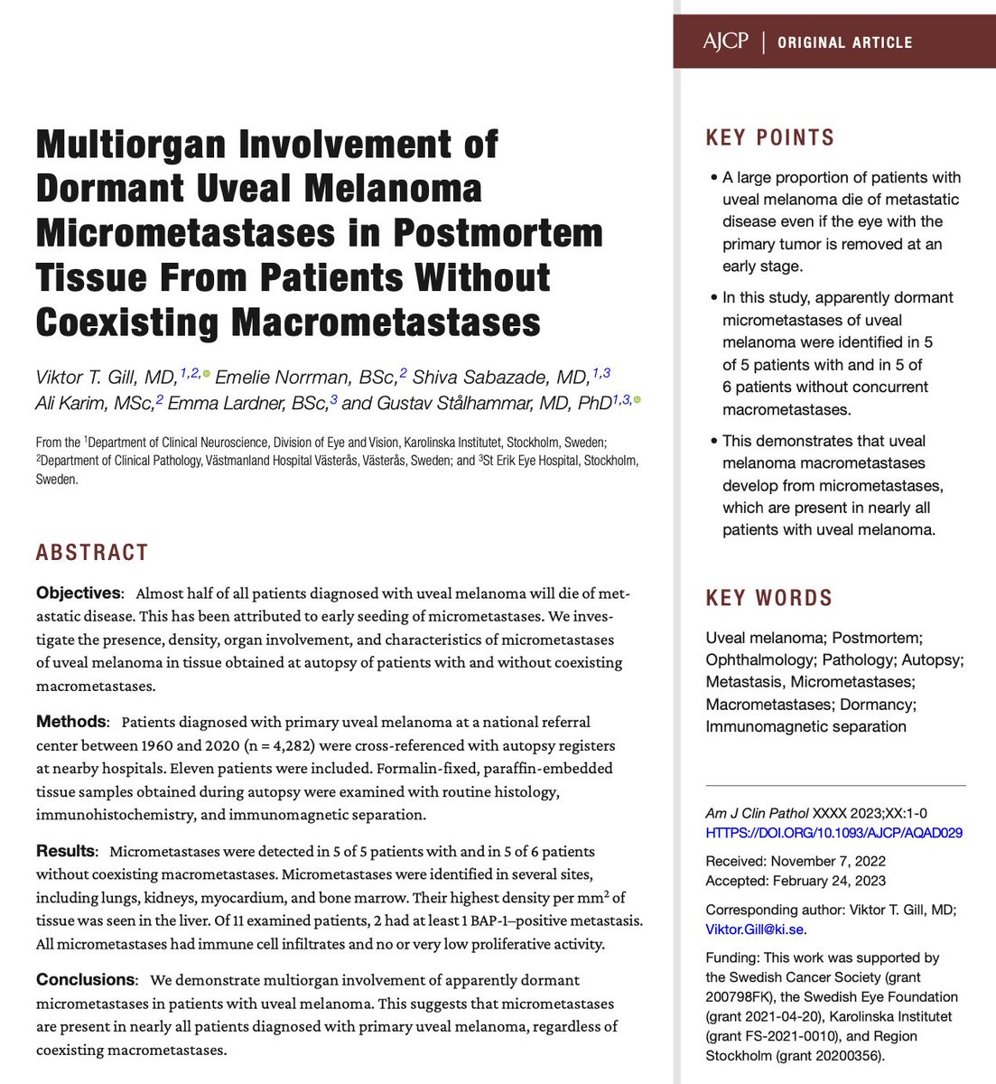 This just in: We have found systemic micrometastases in virtually all patients with uveal melanoma - even if they have no clinical, radiological, or gross pathological signs of metastasis! academic.oup.com/ajcp/advance-a…