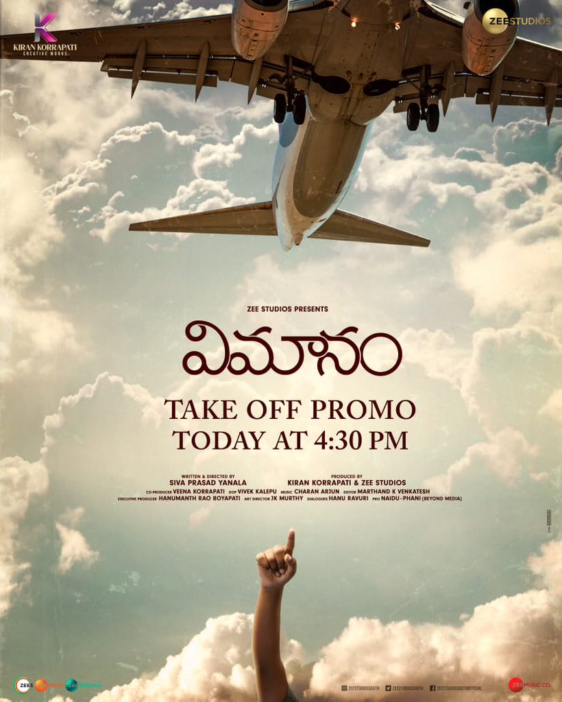 Zee Studios South (@zeestudiossouth) on Twitter photo Fasten your seat belts for a heartwarming TAKE OFF ✈️
#VIMANAM Take off Promo TODAY @ 4:30 PM
A Telugu-Tamil Bilingual🎬
Directed by #SivaPrasadYanala
Produced by <a href="/zeestudiossouth/">Zee Studios South</a> <a href="/KkCreativeWorks/">Kiran Korrapati Creative Works</a>
<a href="/lemonsprasad/">Prasad Nimmakayala</a> <a href="/dir_kiran/">kiran korrapati</a> <a href="/Vivek_Kalepu/">Vivek Kalepu</a> <a href="/CharanArjunwave/">Charan Arjun</a> <a href="/VimanamTheFilm/">Vimanam</a> Fasten your seat belts for a heartwarming TAKE OFF ✈️
#VIMANAM Take off Promo TODAY @ 4:30 PM
A Telugu-Tamil Bilingual🎬
Directed by #SivaPrasadYanala
Produced by <a href="/zeestudiossouth/">Zee Studios South</a> <a href="/KkCreativeWorks/">Kiran Korrapati Creative Works</a>
<a href="/lemonsprasad/">Prasad Nimmakayala</a> <a href="/dir_kiran/">kiran korrapati</a> <a href="/Vivek_Kalepu/">Vivek Kalepu</a> <a href="/CharanArjunwave/">Charan Arjun</a> <a href="/VimanamTheFilm/">Vimanam</a>