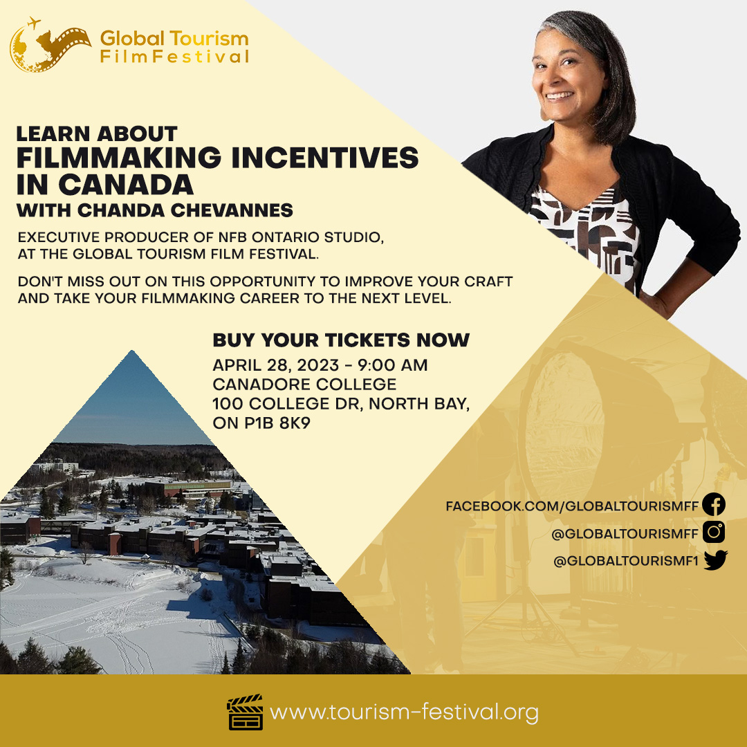 GlobalTourismF1's tweet photo. Join Chanda Chevannes, Executive Producer of NFB's Ontario Studio, on April 28th at the Global Tourism Film Festival to learn about Filmmaking Incentives in Canada. Don't miss out on this opportunity to improve your craft and take your filmmaking career to the next level. 🍁🎥 https://t.co/vYz4wejZSw