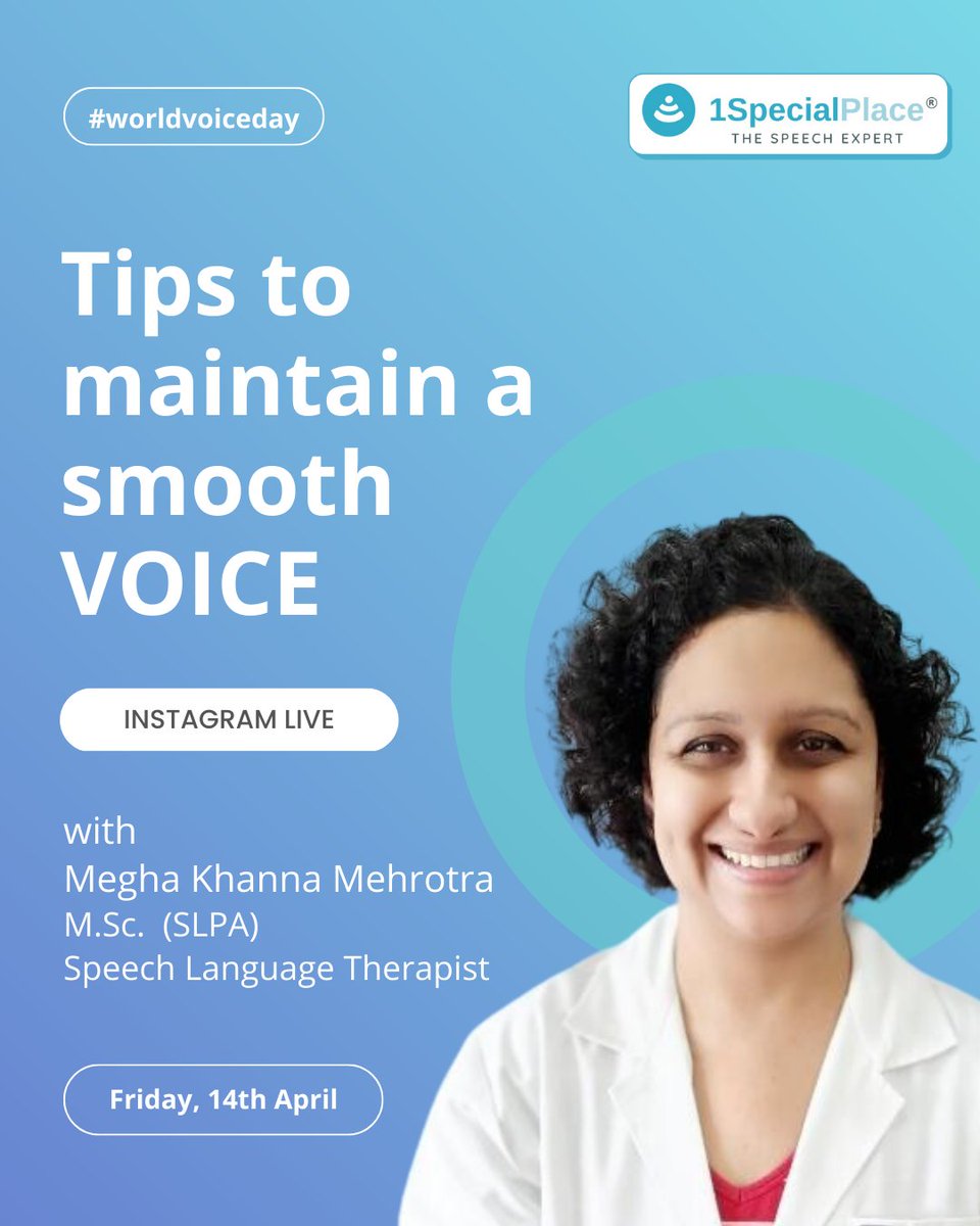 1specialplace's tweet image. 🥁It is World Voice Day on the 16th of April.
.
Join us as we go live on Instagram to share some valuable tips to maintain a smooth voice!
.
14th April, 8:30 pm IST
.
instagram.com/1specialplace
.
#worldvoiceday #voicetips