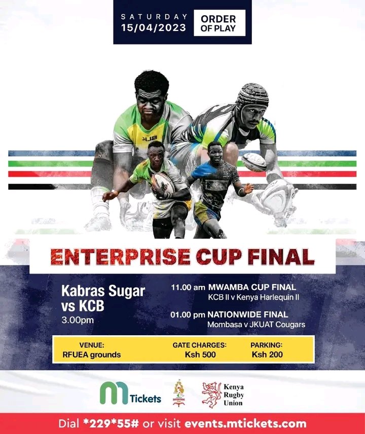 Happening tomorrow Sat 15 April 2023 at RFUEA, Ruaraka.

#EnterpriseCup

Advance tickets now available on events.mtickets.com and *229*55#

#RugbyThatRocks