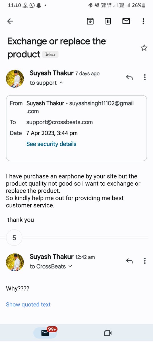 Suyashkar_'s tweet photo. And its been 7 days passed but issue yet not  resolved  and I am facing issue since day 1.
No any customer care executive yet contacted me.

So kindly resolve the issue.
#help #crossbeat_support. https://t.co/l5Yn44hmM3