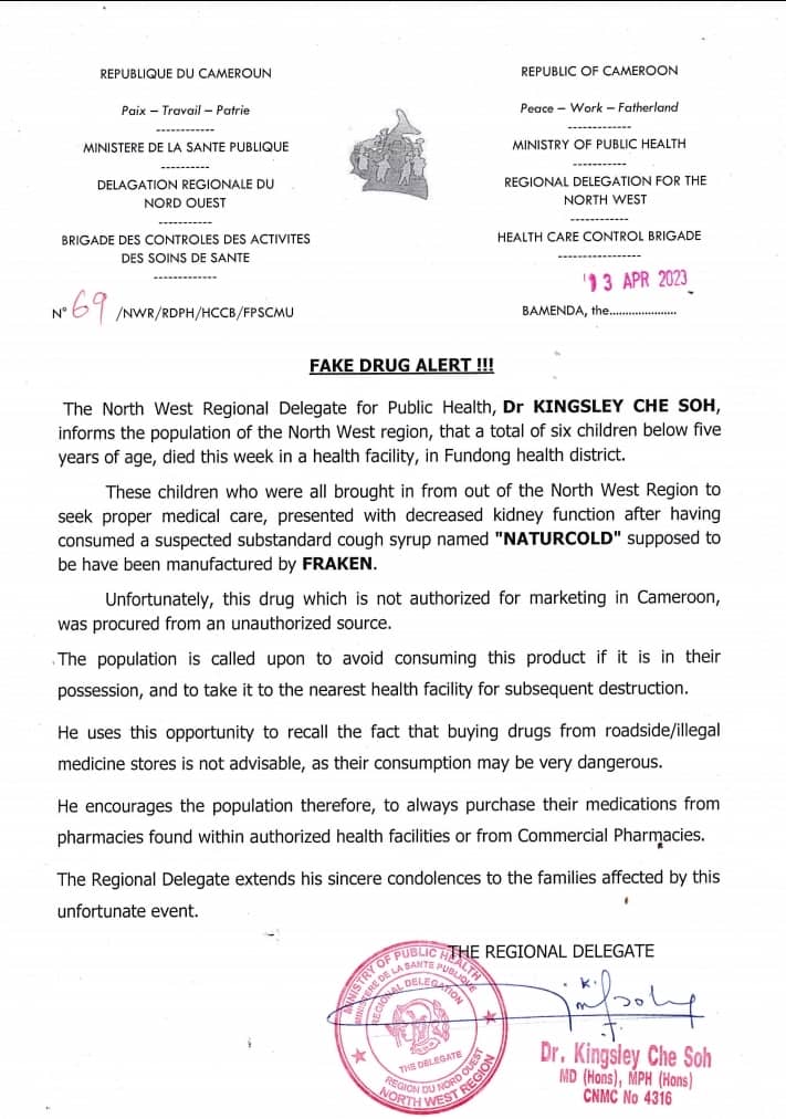 ComfortMussa's tweet photo. Fake drug alert.
Six kids have died in  NWR of Cameroon after consuming fake cough syrup according to @MinsanteCMR delegate.

He calls on all to avoid consuming the said drug "Naturcold"

It's 🌧️ season &amp; kids catch a cold or cough easily - beware of what meds you give them. https://t.co/sMqtzMJCxw